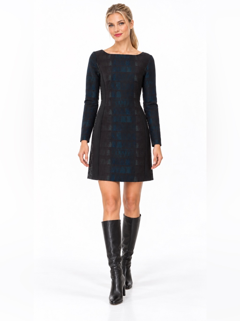Cédric Charlier Navy Black Plaid Wool Long Sleeve Mini Dress NWOT Size M - Picture 1 of 7